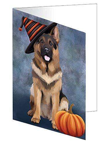 Happy Halloween German Shepherds Dog Wearing Witch Hat with Pumpkin Handmade Artwork Assorted Pets Greeting Cards and Note Cards with Envelopes for All Occasions and Holiday Seasons D480