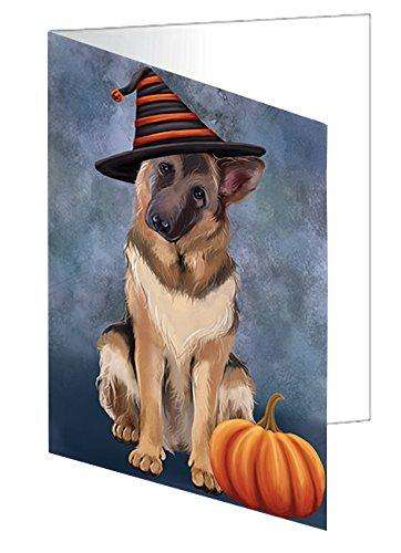 Happy Halloween German Shepherds Dog Wearing Witch Hat with Pumpkin Handmade Artwork Assorted Pets Greeting Cards and Note Cards with Envelopes for All Occasions and Holiday Seasons D481