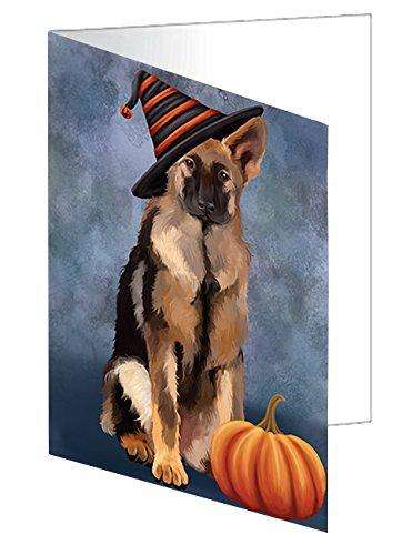 Happy Halloween German Shepherds Dog Wearing Witch Hat with Pumpkin Handmade Artwork Assorted Pets Greeting Cards and Note Cards with Envelopes for All Occasions and Holiday Seasons D482
