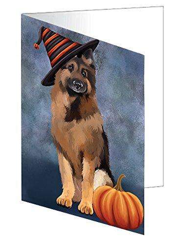 Happy Halloween German Shepherds Dog Wearing Witch Hat with Pumpkin Handmade Artwork Assorted Pets Greeting Cards and Note Cards with Envelopes for All Occasions and Holiday Seasons D483