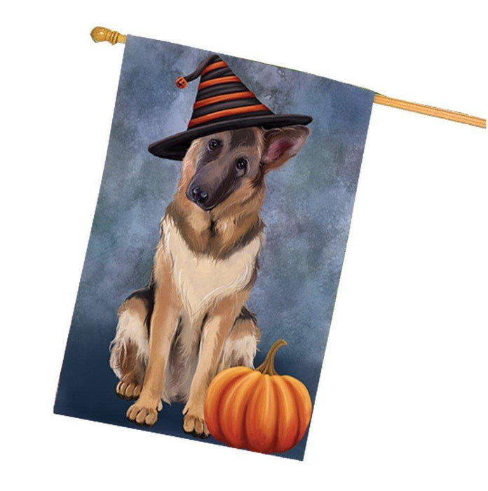 Happy Halloween German Shepherds Dog Wearing Witch Hat with Pumpkin House Flag