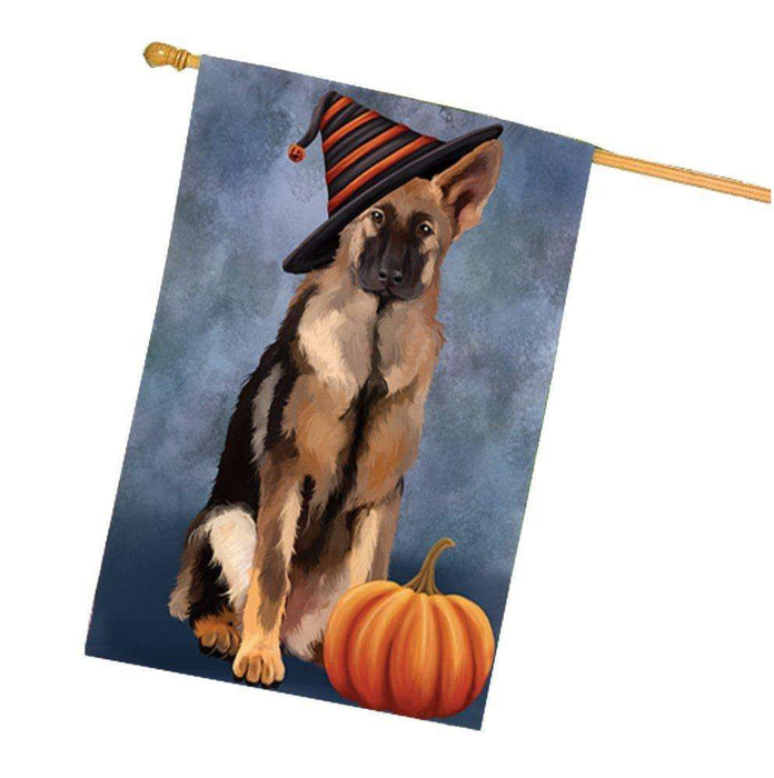 Happy Halloween German Shepherds Dog Wearing Witch Hat with Pumpkin House Flag