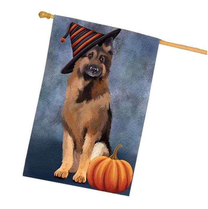 Happy Halloween German Shepherds Dog Wearing Witch Hat with Pumpkin House Flag