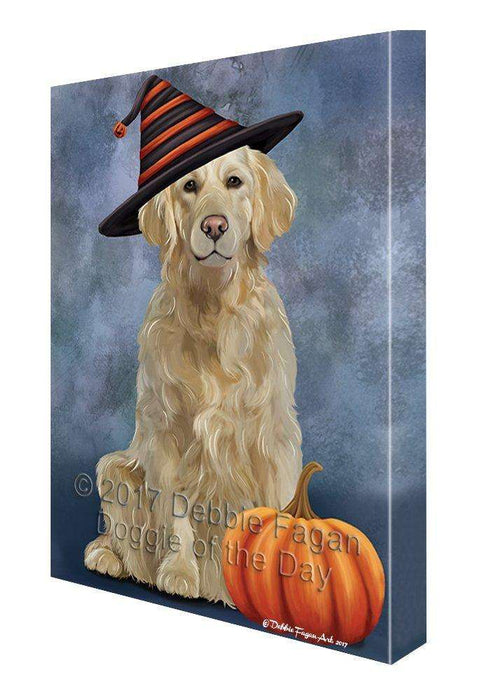 Happy Halloween Golden Retriever Dog and Witch Hat with Pumpkin Wall Art Canvas