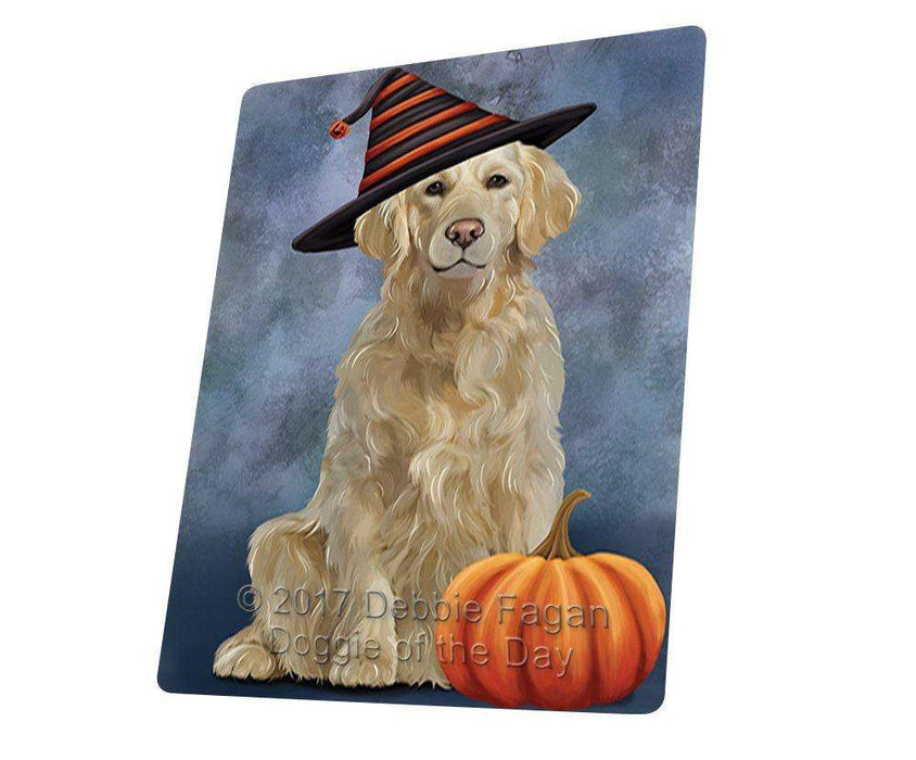 Happy Halloween Golden Retriever Dog Donning Witch Hat with Pumpkin Tempered Cutting Board
