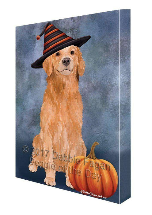 Happy Halloween Golden Retriever Dog Sporting Witch Hat with Pumpkin Wall Art Canvas