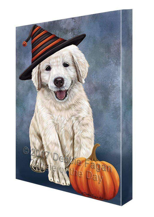 Happy Halloween Golden Retriever Dog Wearing Witch Hat with Pumpkin Canvas Wall Art