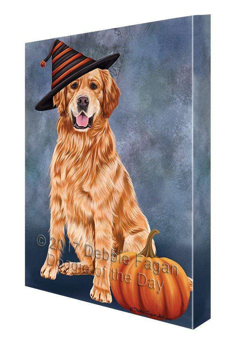 Happy Halloween Golden Retriever Dog Wearing Witch Hat with Pumpkin Canvas Wall Art