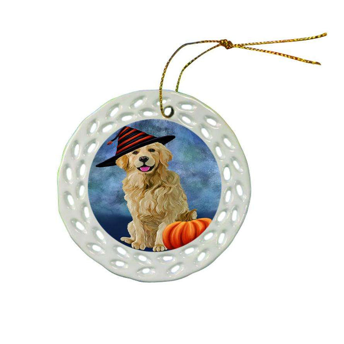 Happy Halloween Golden Retriever Dog Wearing Witch Hat with Pumpkin Ceramic Doily Ornament DPOR55084