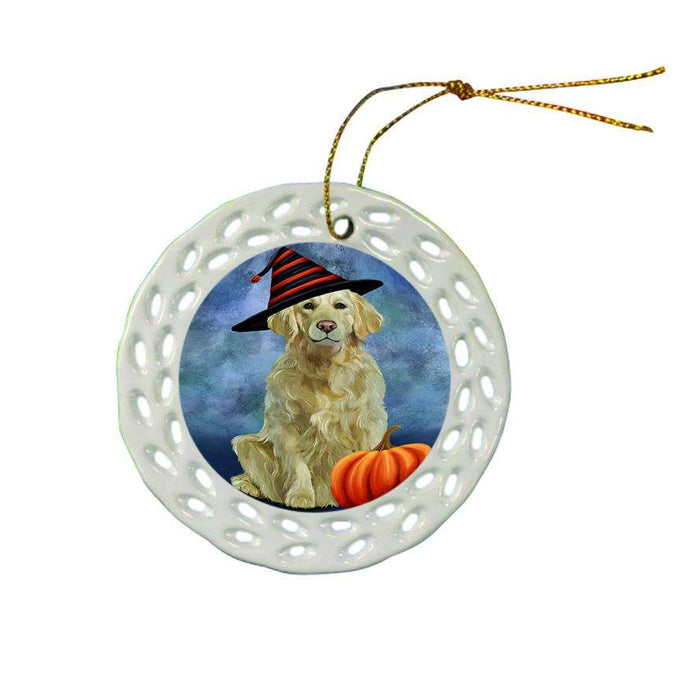 Happy Halloween Golden Retriever Dog Wearing Witch Hat with Pumpkin Ceramic Doily Ornament DPOR55085