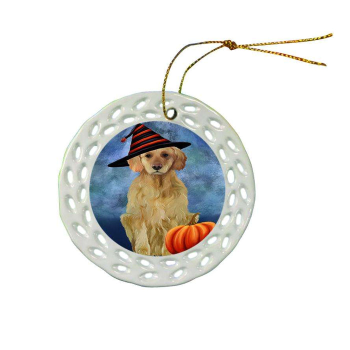 Happy Halloween Golden Retriever Dog Wearing Witch Hat with Pumpkin Ceramic Doily Ornament DPOR55086