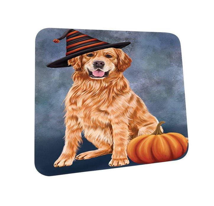 Happy Halloween Golden Retriever Dog Wearing Witch Hat with Pumpkin Coasters Set of 4
