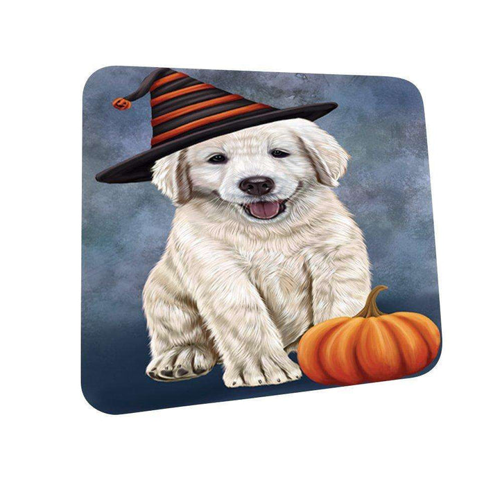 Happy Halloween Golden Retriever Dog Wearing Witch Hat with Pumpkin Coasters Set of 4