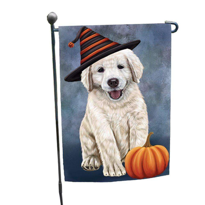 Happy Halloween Golden Retriever Dog Wearing Witch Hat with Pumpkin Garden Flag