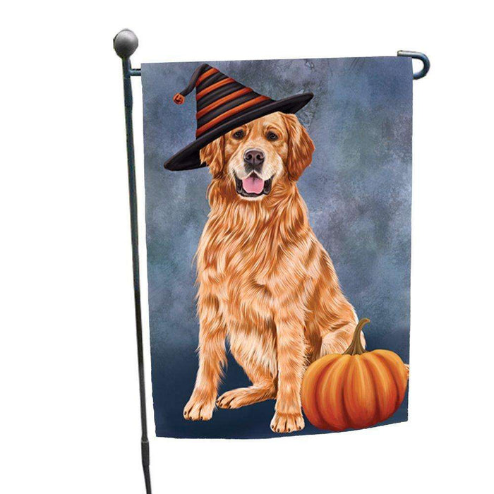 Happy Halloween Golden Retriever Dog Wearing Witch Hat with Pumpkin Garden Flag