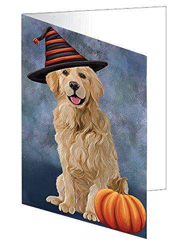 Happy Halloween Golden Retriever Dog Wearing Witch Hat with Pumpkin Handmade Artwork Assorted Pets Greeting Cards and Note Cards with Envelopes for All Occasions and Holiday Seasons D484