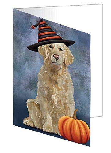 Happy Halloween Golden Retriever Dog Wearing Witch Hat with Pumpkin Handmade Artwork Assorted Pets Greeting Cards and Note Cards with Envelopes for All Occasions and Holiday Seasons D485