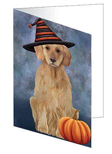Happy Halloween Golden Retriever Dog Wearing Witch Hat with Pumpkin Handmade Artwork Assorted Pets Greeting Cards and Note Cards with Envelopes for All Occasions and Holiday Seasons D486