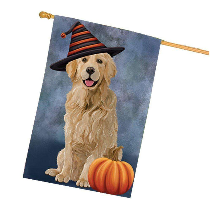 Happy Halloween Golden Retriever Dog Wearing Witch Hat with Pumpkin House Flag