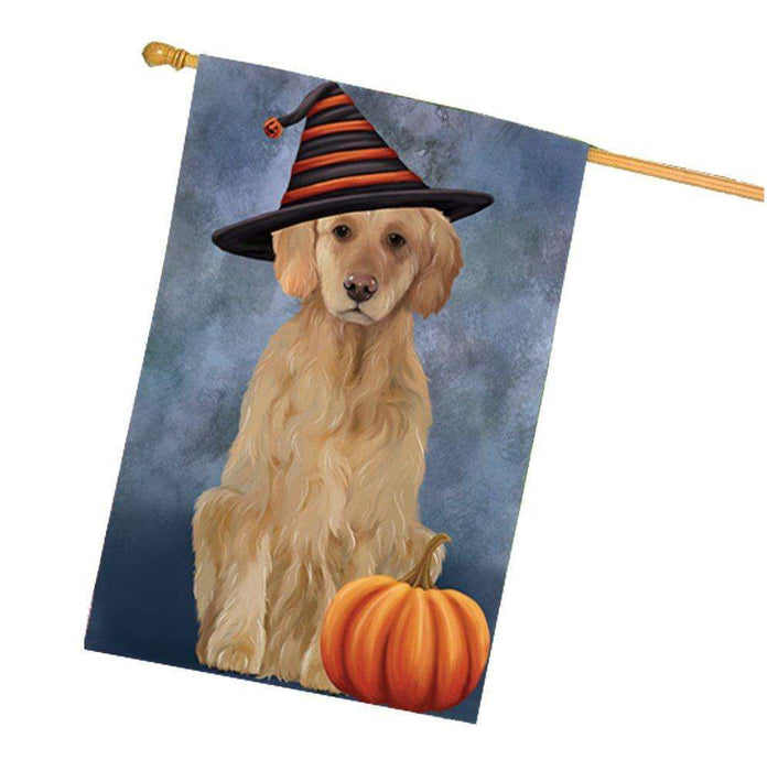 Happy Halloween Golden Retriever Dog Wearing Witch Hat with Pumpkin House Flag