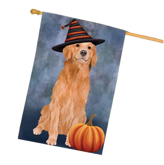 Happy Halloween Golden Retriever Dog Wearing Witch Hat with Pumpkin House Flag