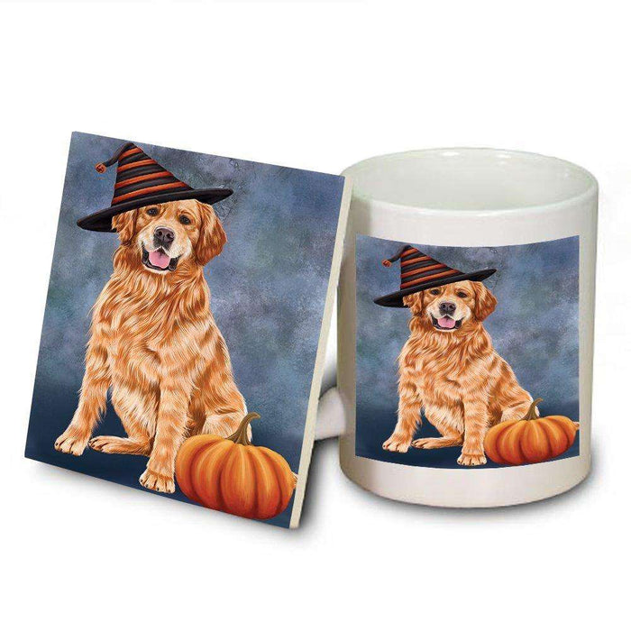 Happy Halloween Golden Retriever Dog Wearing Witch Hat with Pumpkin Mug and Coaster Set