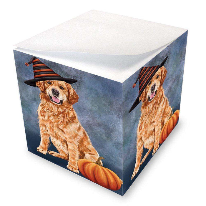 Happy Halloween Golden Retriever Dog Wearing Witch Hat with Pumpkin Note Cube