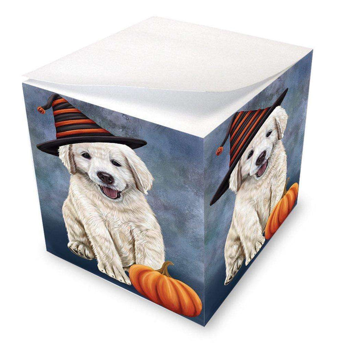Happy Halloween Golden Retriever Dog Wearing Witch Hat with Pumpkin Note Cube