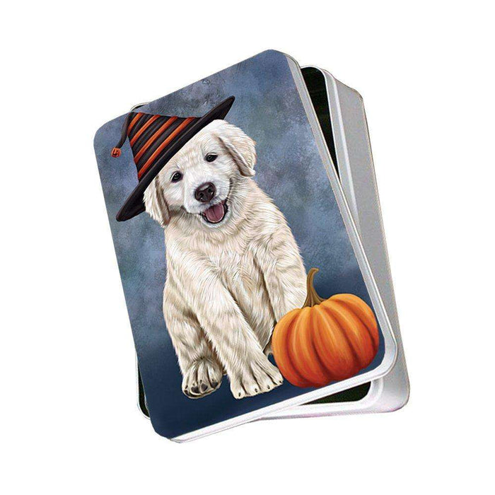 Happy Halloween Golden Retriever Dog Wearing Witch Hat with Pumpkin Photo Storage Tin