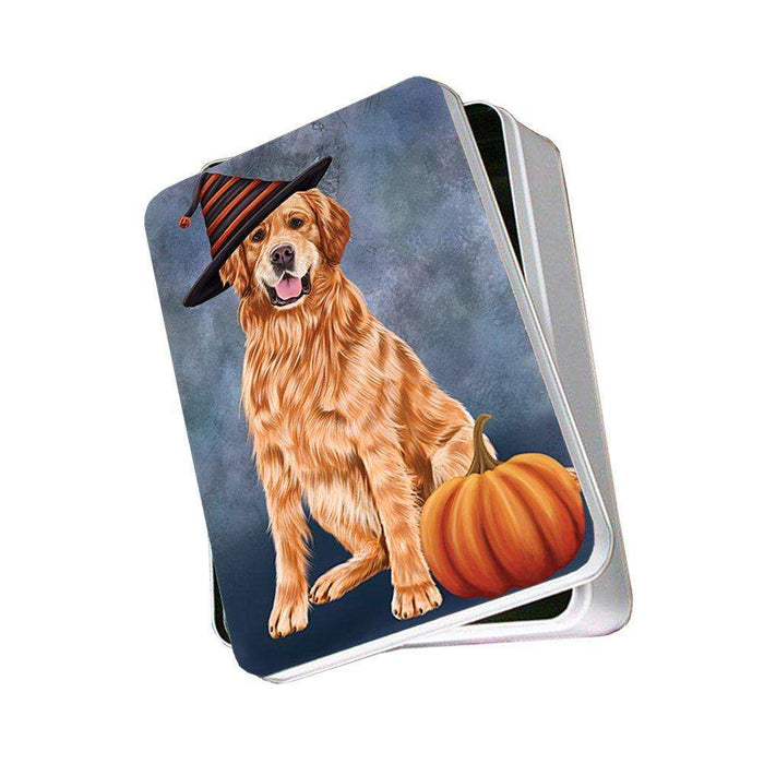 Happy Halloween Golden Retriever Dog Wearing Witch Hat with Pumpkin Photo Storage Tin