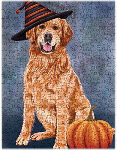 Happy Halloween Golden Retriever Dog Wearing Witch Hat with Pumpkin Puzzle with Photo Tin (300 pc.)