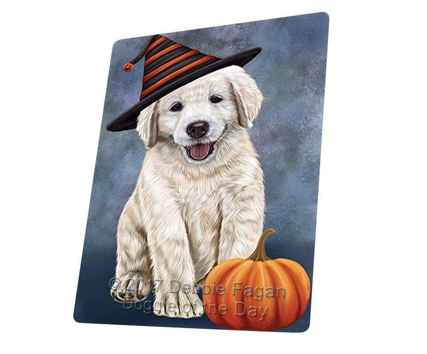 Happy Halloween Golden Retriever Dog Wearing Witch Hat with Pumpkin Tempered Cutting Board