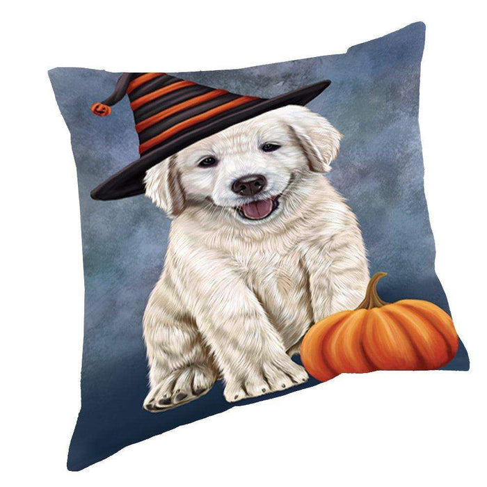 Happy Halloween Golden Retriever Dog Wearing Witch Hat with Pumpkin Throw Pillow