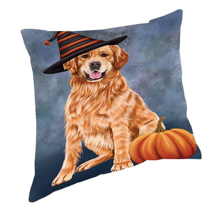 Happy Halloween Golden Retriever Dog Wearing Witch Hat with Pumpkin Throw Pillow