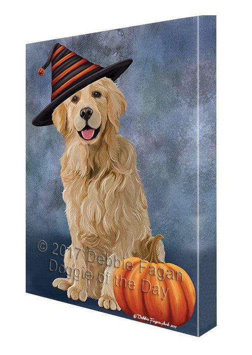 Happy Halloween Golden Retriever Dog Wearing Witch Hat with Pumpkin Wall Art Canvas