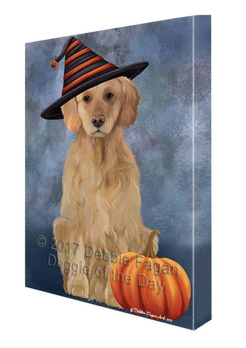 Happy Halloween Golden Retriever Dog & Witch Hat with Pumpkin Wall Art Canvas