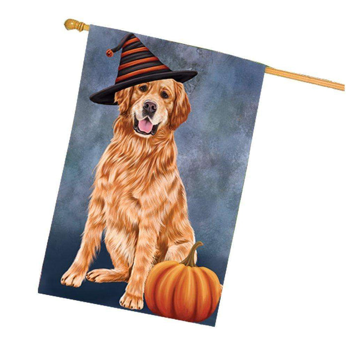 Happy Halloween Golden Retrievers Dog Wearing Witch Hat with Pumpkin House Flag