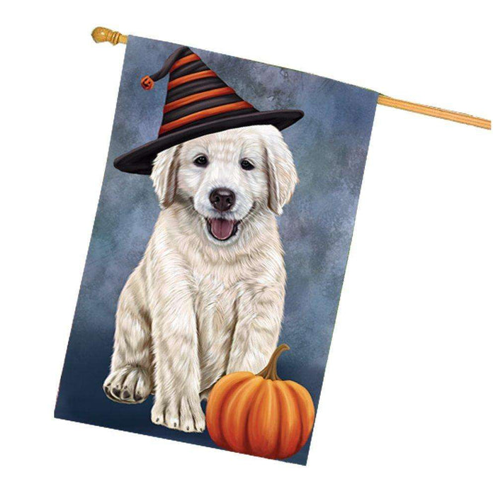 Happy Halloween Golden Retrievers Dog Wearing Witch Hat with Pumpkin House Flag