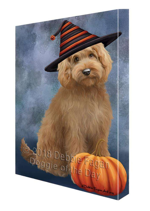 Happy Halloween Goldendoodle Dog Wearing Witch Hat with Pumpkin Canvas Print Wall Art Décor CVS111536