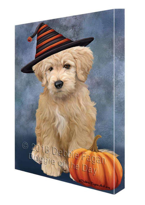 Happy Halloween Goldendoodle Dog Wearing Witch Hat with Pumpkin Canvas Print Wall Art Décor CVS111545