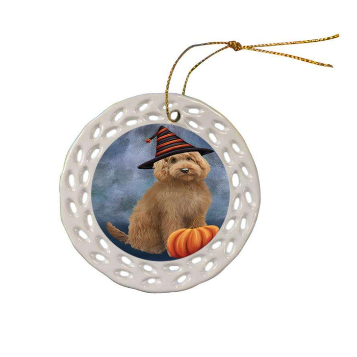 Happy Halloween Goldendoodle Dog Wearing Witch Hat with Pumpkin Ceramic Doily Ornament DPOR54854