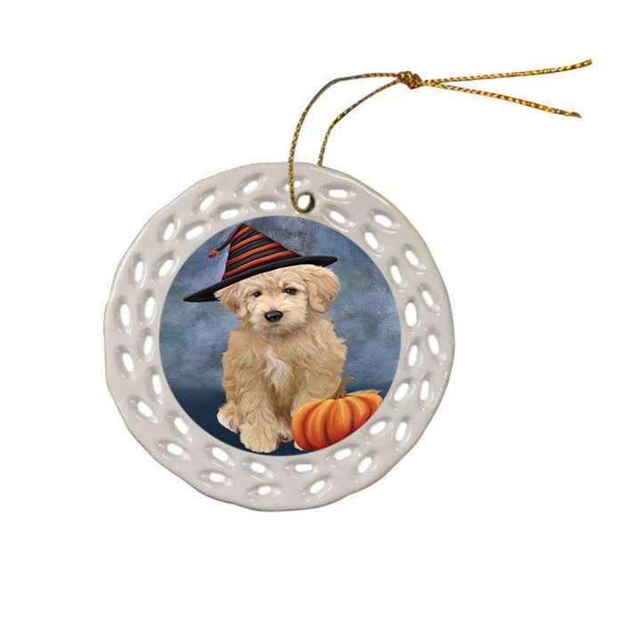 Happy Halloween Goldendoodle Dog Wearing Witch Hat with Pumpkin Ceramic Doily Ornament DPOR54855