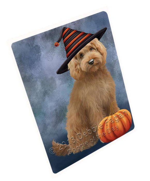 Happy Halloween Goldendoodle Dog Wearing Witch Hat with Pumpkin Cutting Board C69006