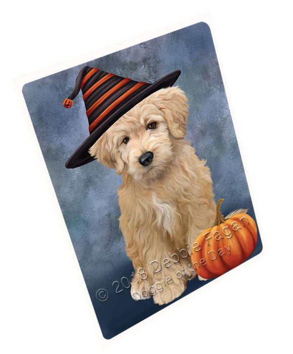 Happy Halloween Goldendoodle Dog Wearing Witch Hat with Pumpkin Cutting Board C69009