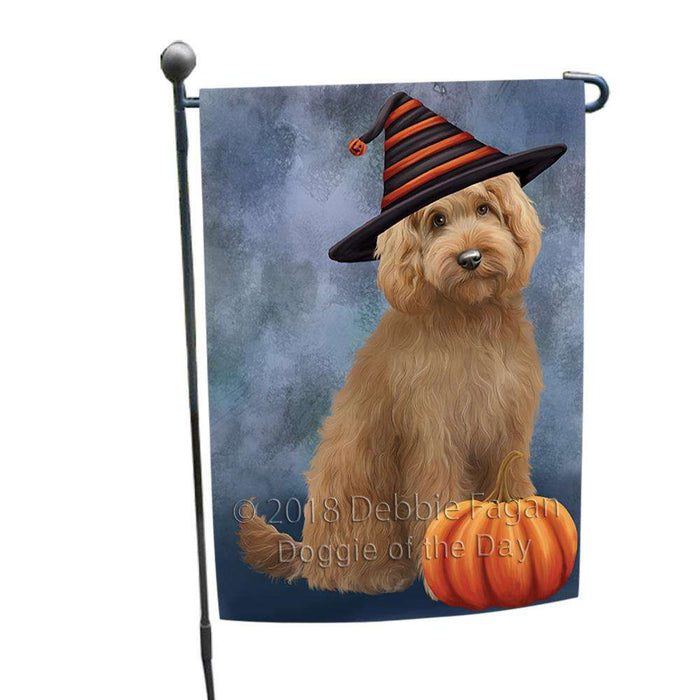 Happy Halloween Goldendoodle Dog Wearing Witch Hat with Pumpkin Garden Flag GFLG54916