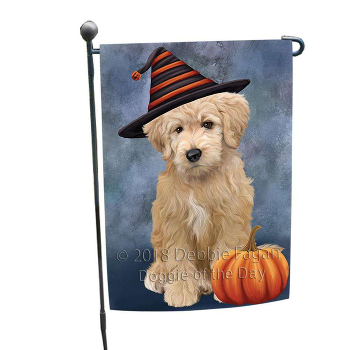 Happy Halloween Goldendoodle Dog Wearing Witch Hat with Pumpkin Garden Flag GFLG54917