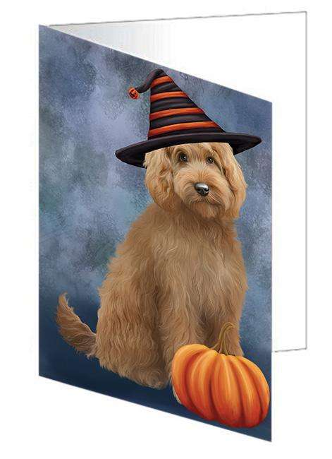 Happy Halloween Goldendoodle Dog Wearing Witch Hat with Pumpkin Handmade Artwork Assorted Pets Greeting Cards and Note Cards with Envelopes for All Occasions and Holiday Seasons GCD68591
