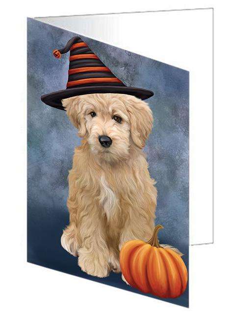 Happy Halloween Goldendoodle Dog Wearing Witch Hat with Pumpkin Handmade Artwork Assorted Pets Greeting Cards and Note Cards with Envelopes for All Occasions and Holiday Seasons GCD68594