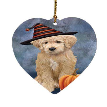 Happy Halloween Goldendoodle Dog Wearing Witch Hat with Pumpkin Heart Christmas Ornament HPOR54855