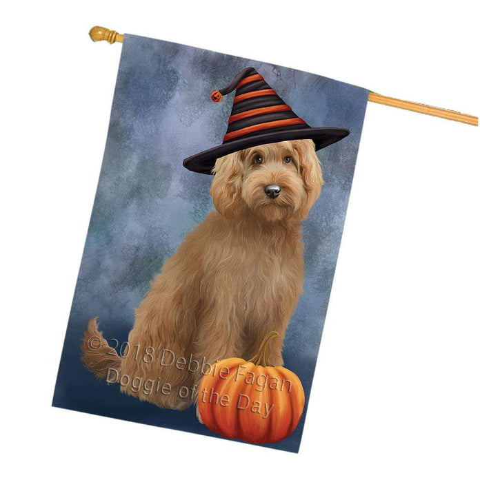 Happy Halloween Goldendoodle Dog Wearing Witch Hat with Pumpkin House Flag FLG55052